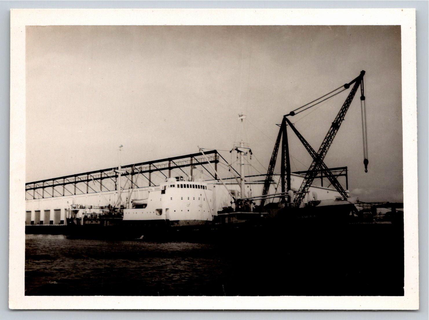Vintage 1950s Industrial Port Harbor Crane & Cargo Ship Photo
