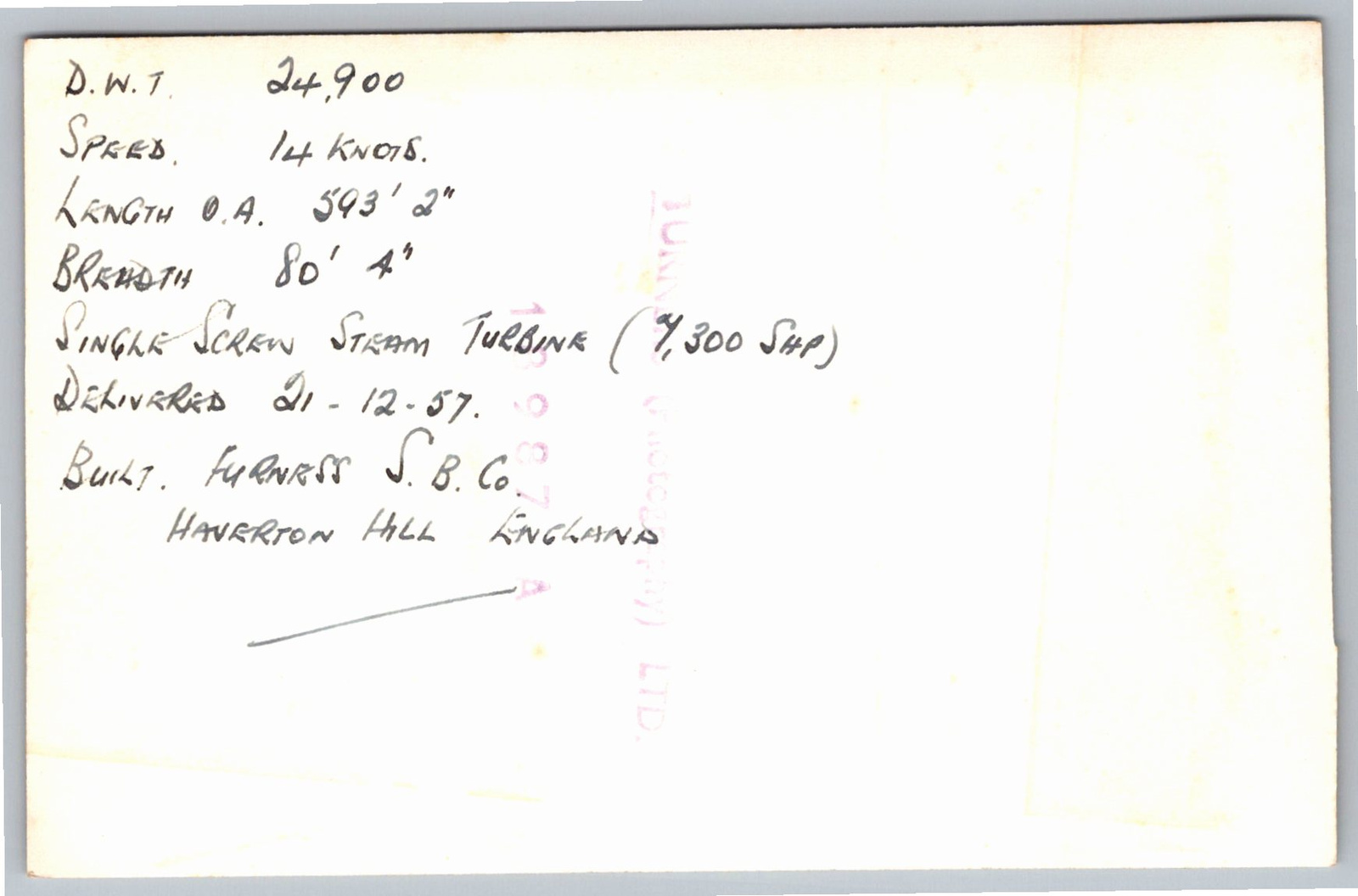 1957 Vintage London Resolution Steam Turbine Ship Photo - Back / Reverse View