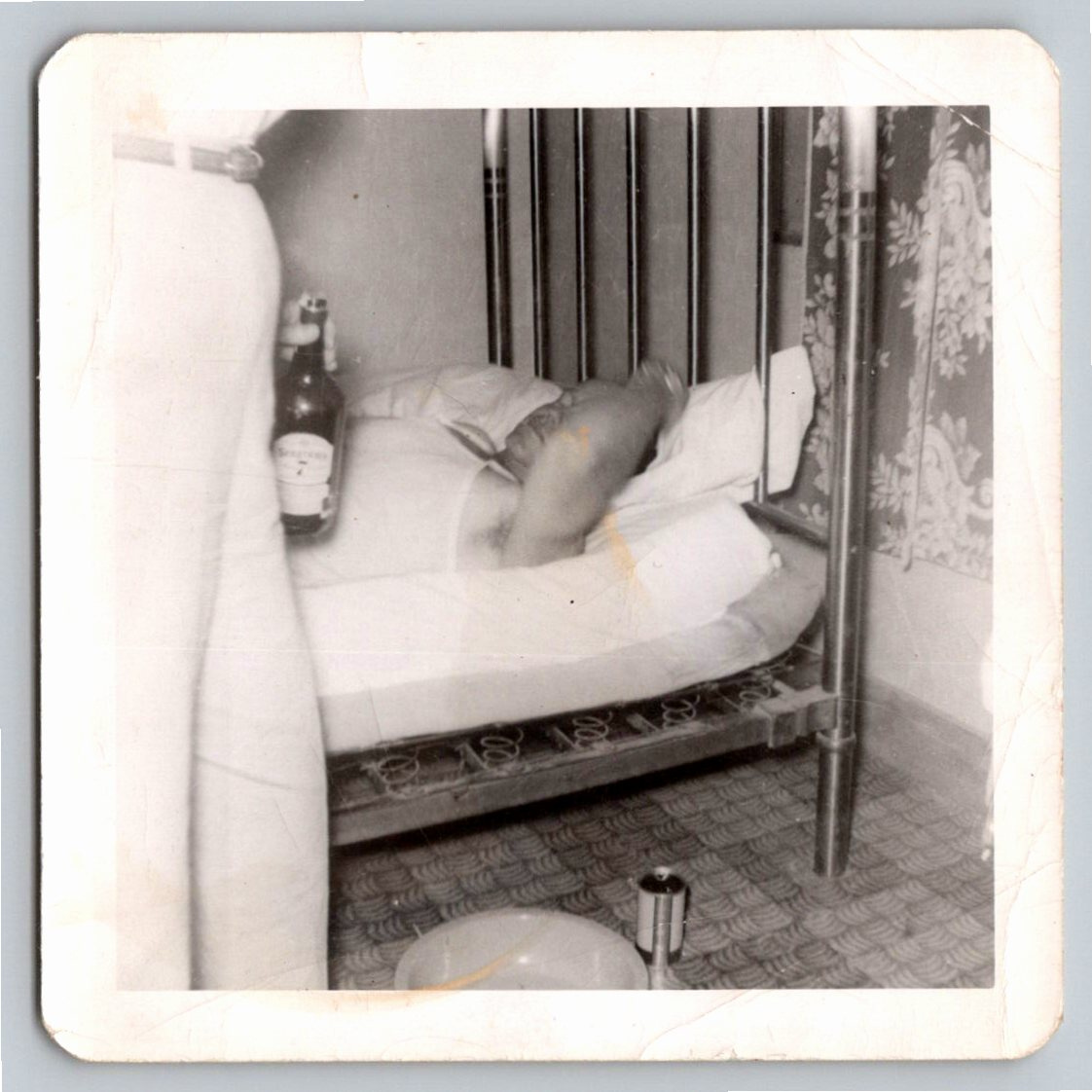 1950s Vernacular Photo Man in Bed with Seagram's 7 Whiskey
