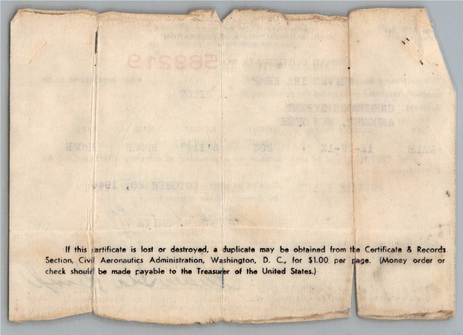 1946 Civil Aeronautics Administration Pilot License Certificate - Back / Reverse View