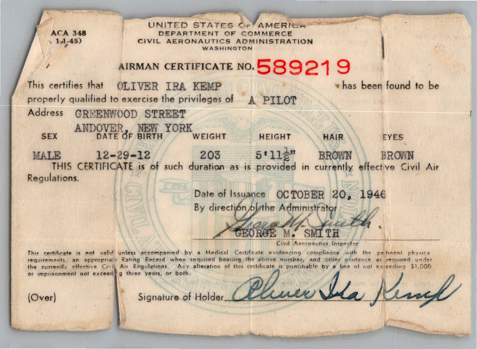 1946 Civil Aeronautics Administration Pilot License Certificate - Vintage Artifact