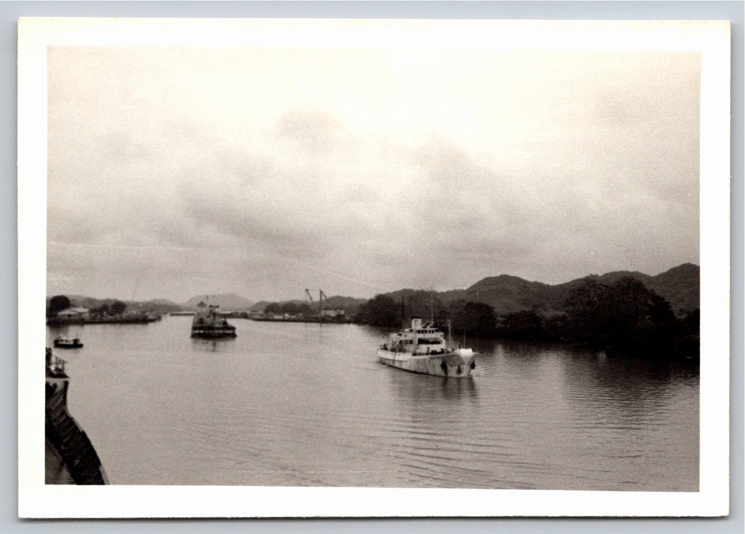 Vintage Mid-Century Vessel Transiting Canal B&W Photograph