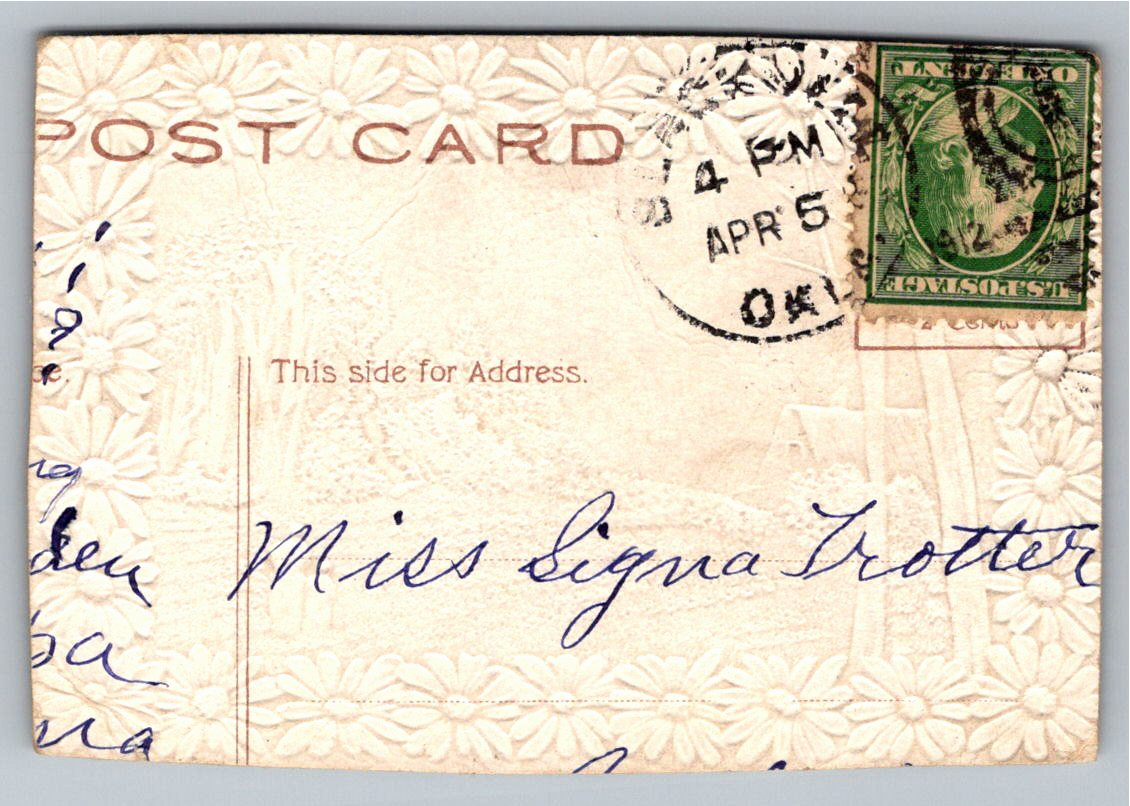 Antique Embossed Daisy Cottage Sunset Postcard Oklahoma - Back / Reverse View