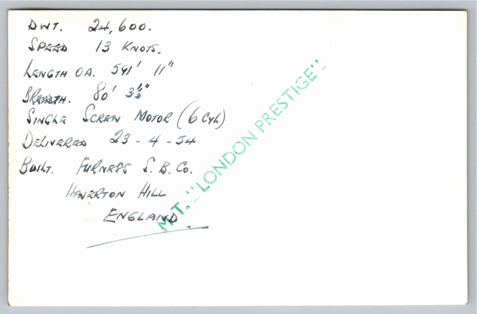 1954 MT London Prestige Tanker Ship Photo Furness Shipbuilding - Back / Reverse View
