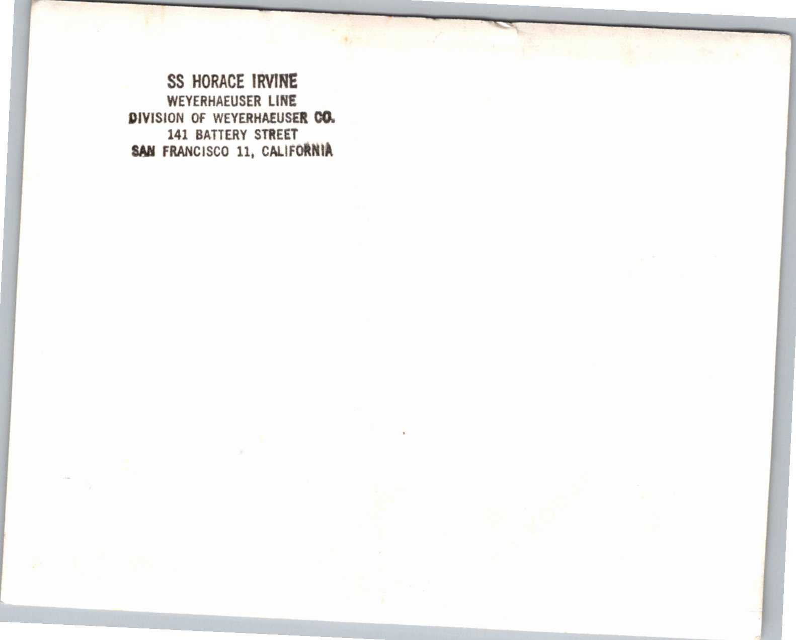 Vintage 1950s SS John Weyerhaeuser Timber Cargo Ship Photograph - Back / Reverse View