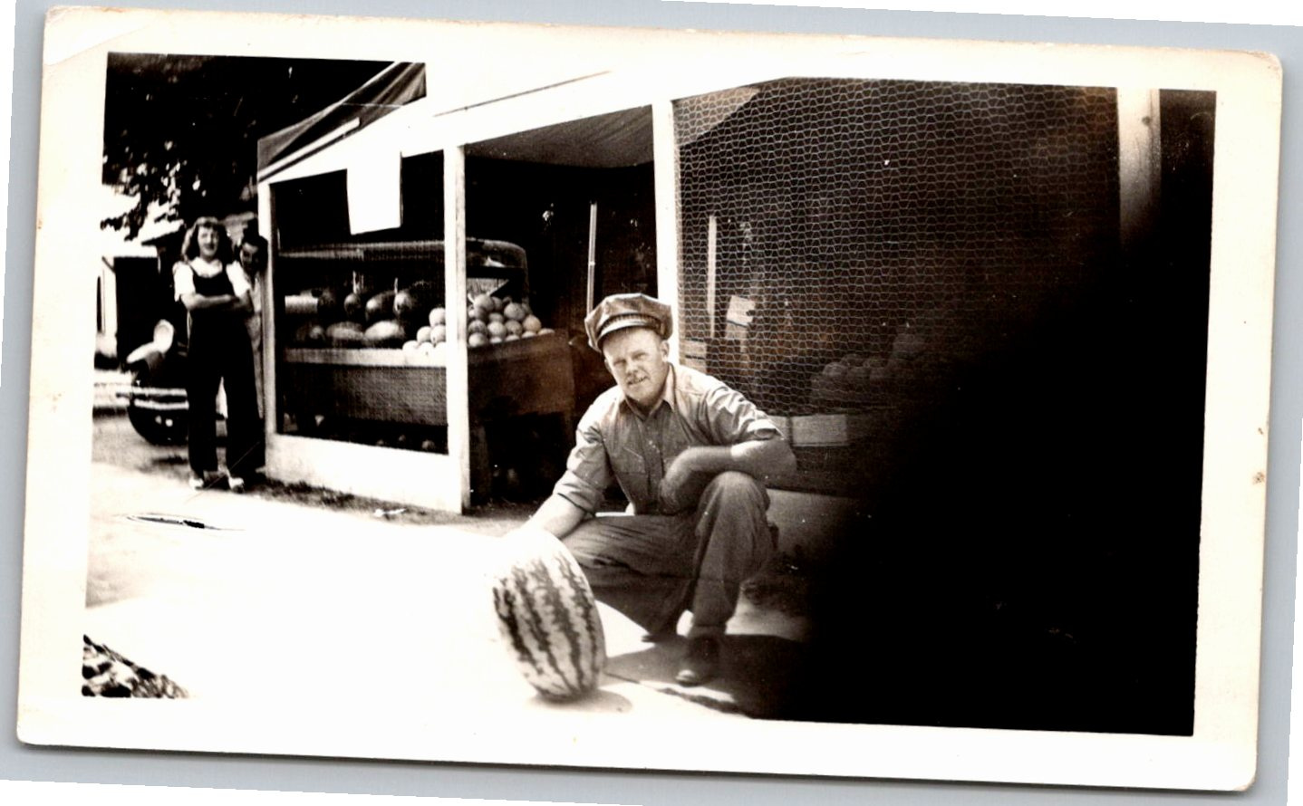 Vintage 1940s Photo Man with Watermelon Fruit Stand Snapshot