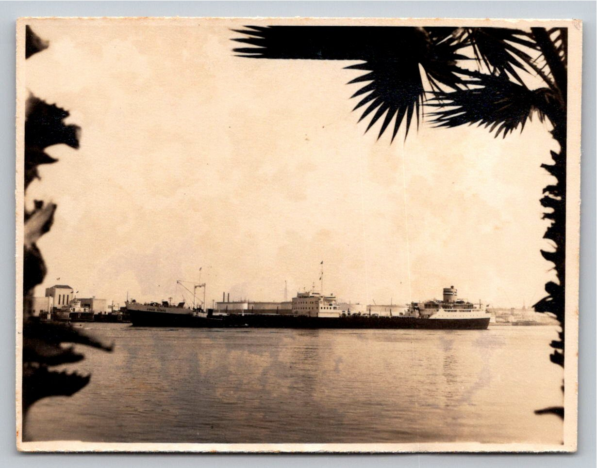 Vintage 1950s SS Free State Cargo Ship Photo Tropical Harbor View - Vintage Artifact