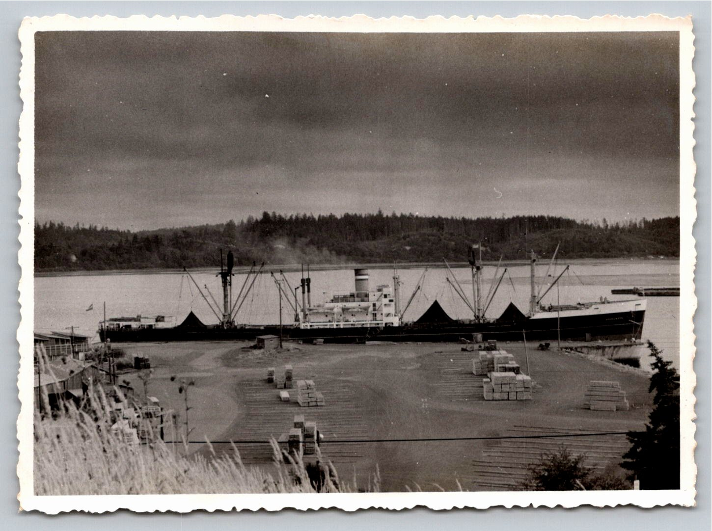 Vintage 1940s Cargo Freighter Ship at Lumber Yard Port Photo