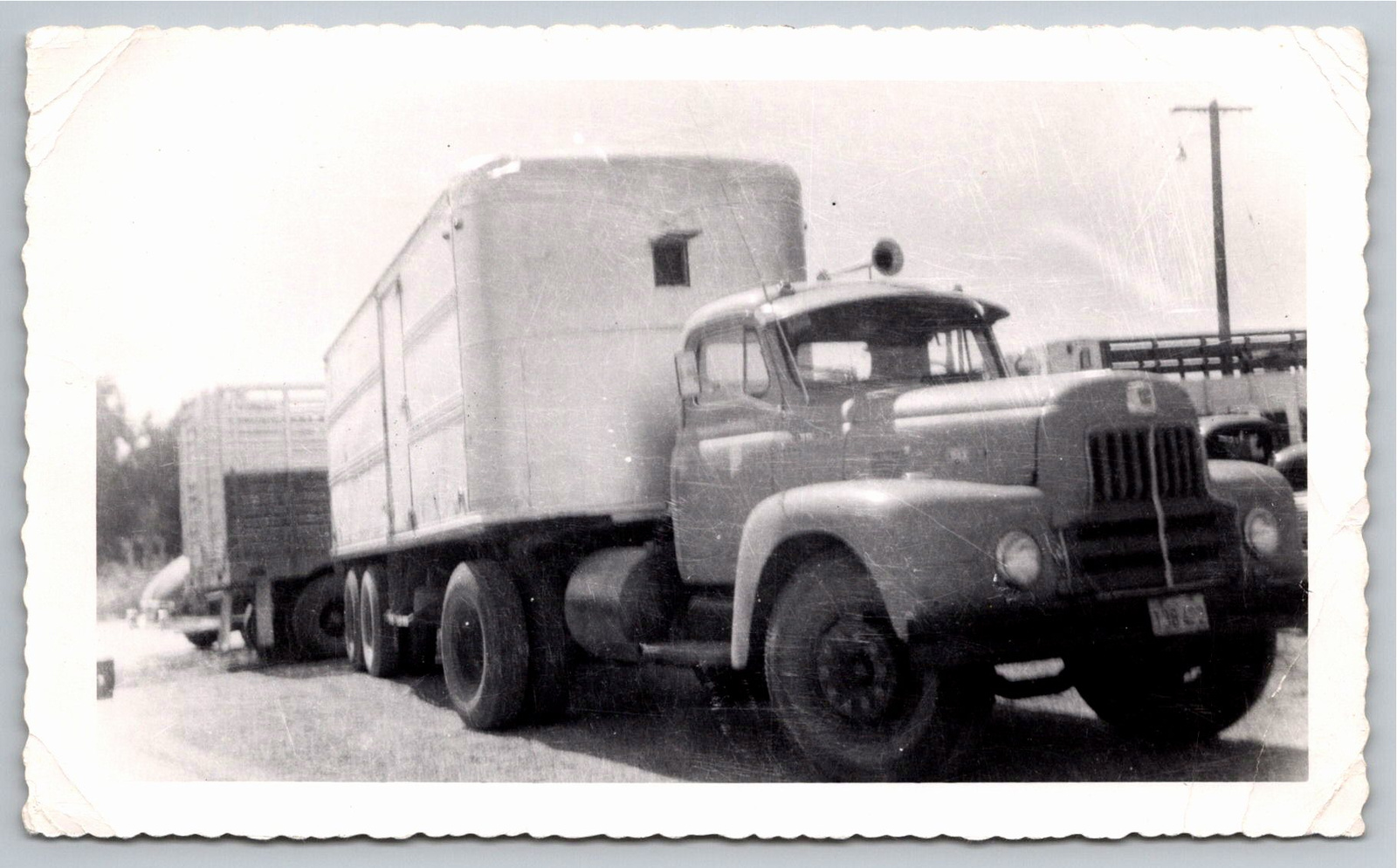 1950s Mack Semi Truck & Box Trailer Vintage B&W Snapshot - Vintage Artifact