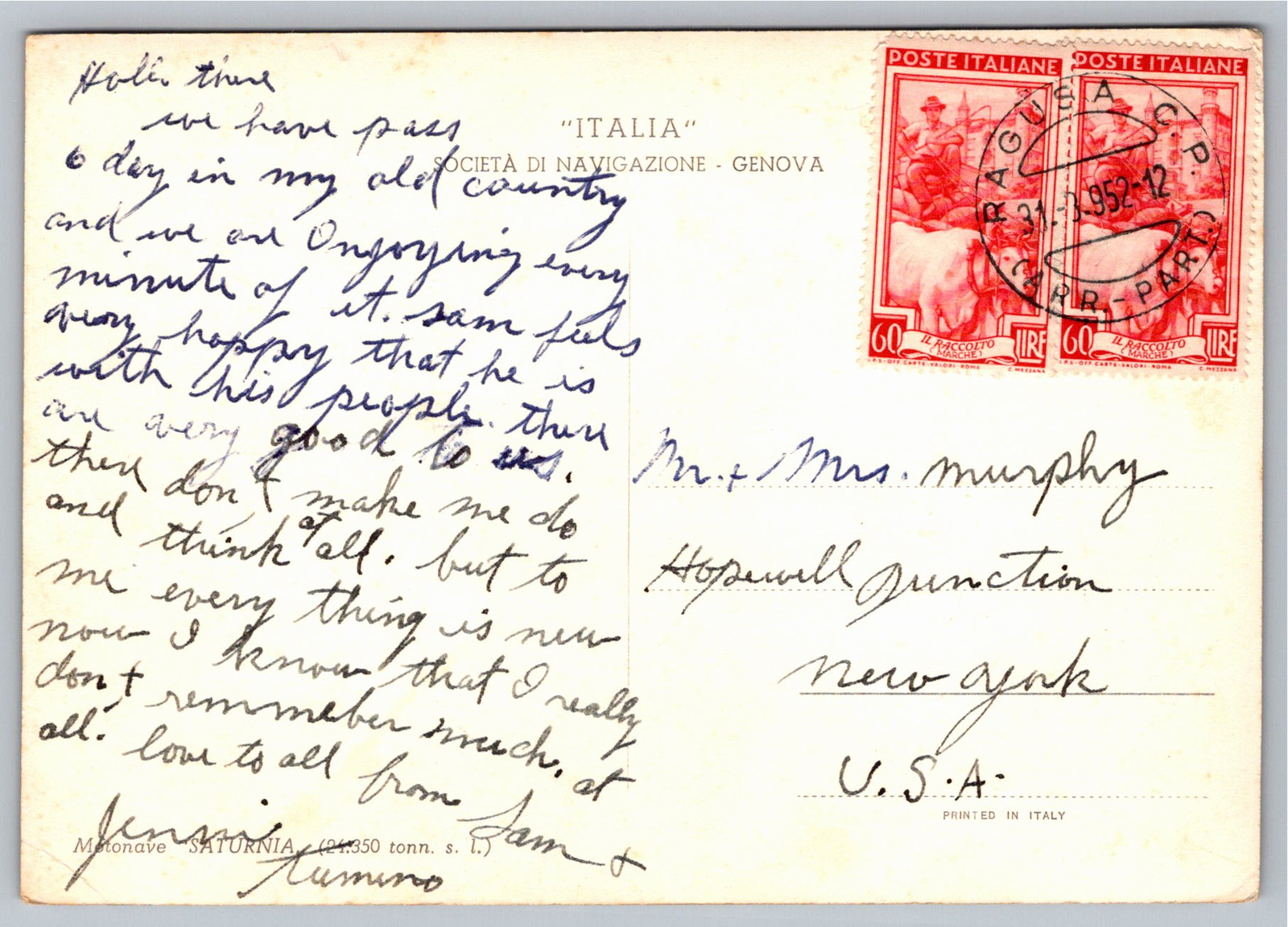 1952 Motonave Saturnia Italian Line Ocean Liner Postcard - Back / Reverse View