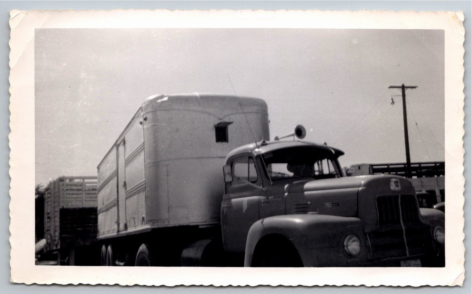 1950s Vintage Semi Truck & Livestock Trailer Deckle Photo