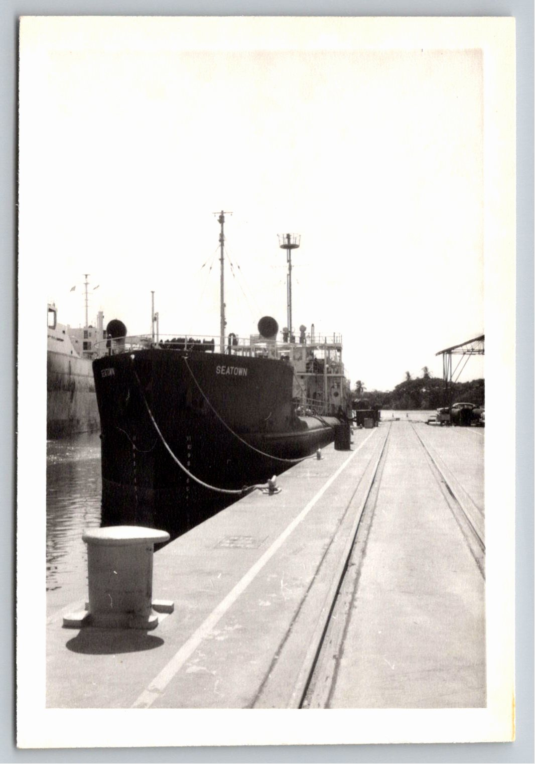 Vintage 1950s B&W Photo of Cargo Ship Seatown Docked Pier